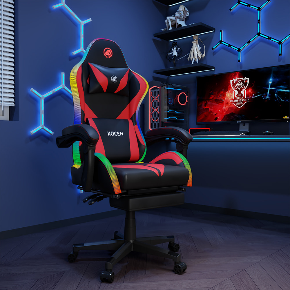 Spelstol i PU-lädertyg, Esportsstol med justerbara RGB-ljus i flera färger, USB-driven, fjärrkontroll