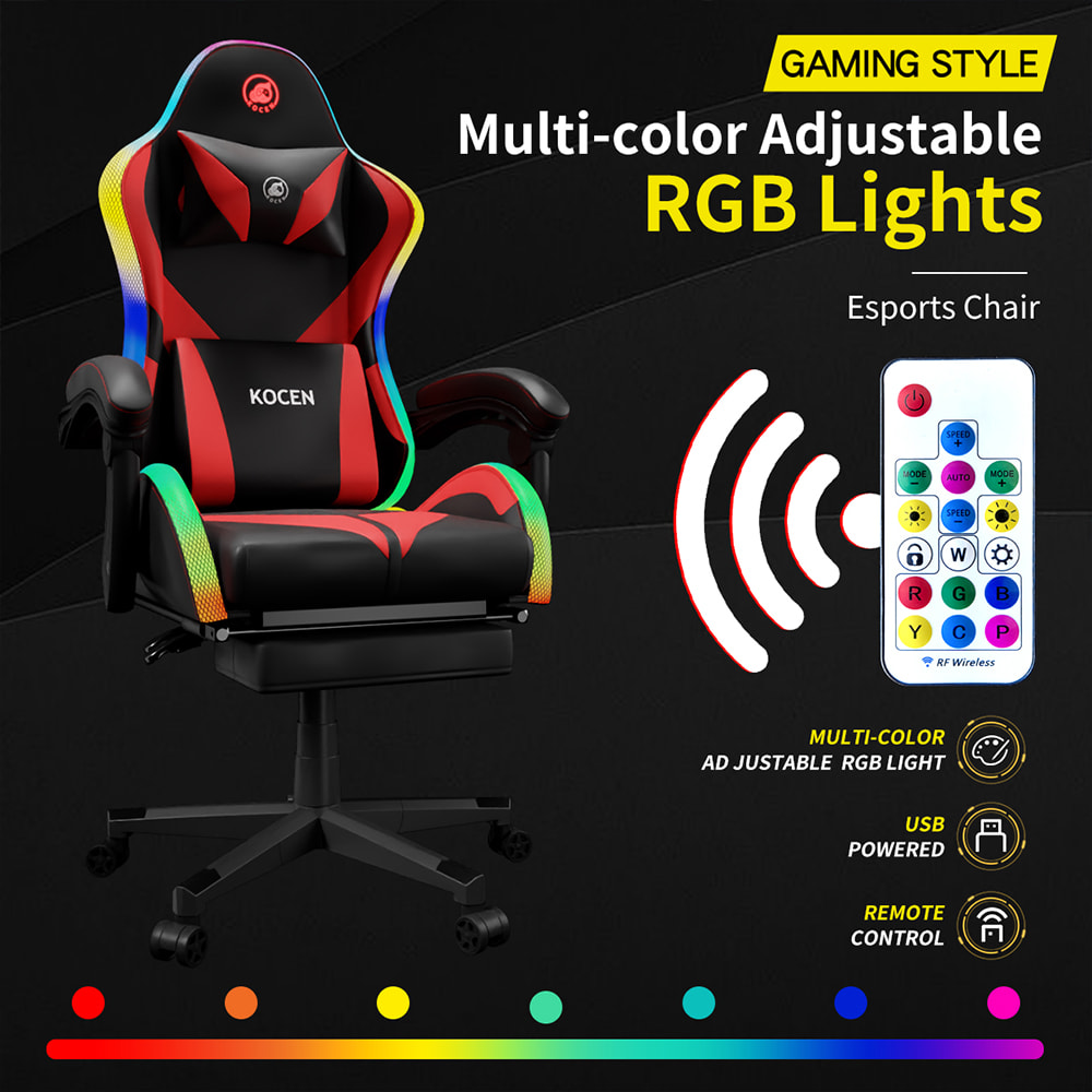 Spelstol i PU-lädertyg, Esportsstol med justerbara RGB-ljus i flera färger, USB-driven, fjärrkontroll Spelstol i PU-lädertyg, Esportsstol med justerbara RGB-ljus i flera färger, USB-driven, fjärrkontroll