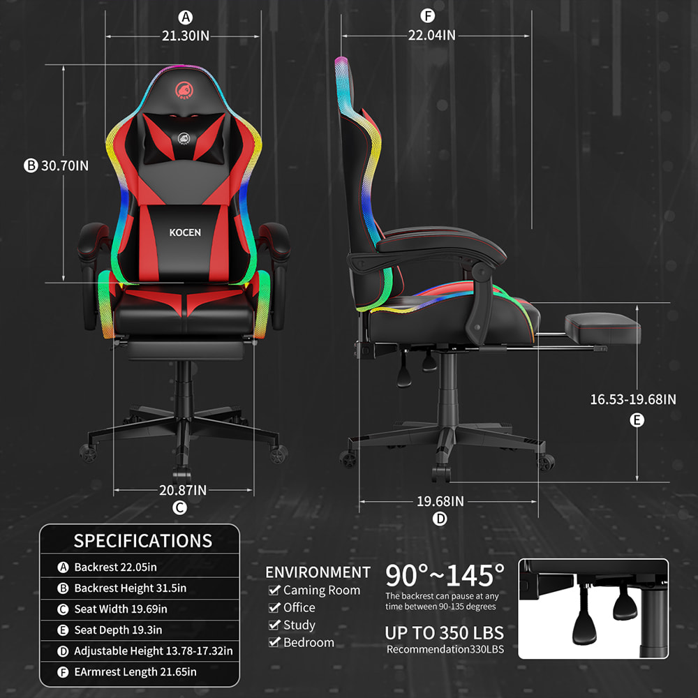 Spelstol i PU-lädertyg, Esportsstol med justerbara RGB-ljus i flera färger, USB-driven, fjärrkontroll Spelstol i PU-lädertyg, Esportsstol med justerbara RGB-ljus i flera färger, USB-driven, fjärrkontroll